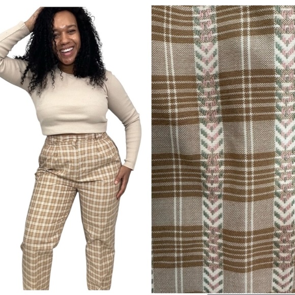 Vintage Pants - Vintage Cottagecore Tan High Waist Floral Trousers Feminine Pants Retro Romantic
